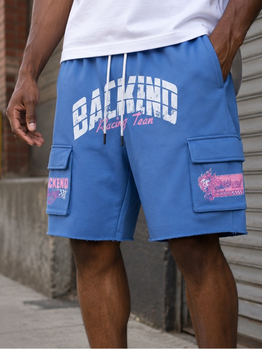 Backend Original Blue Racing Team Athletic Fleece Cargo Shorts for Men - Picture 11 of 11